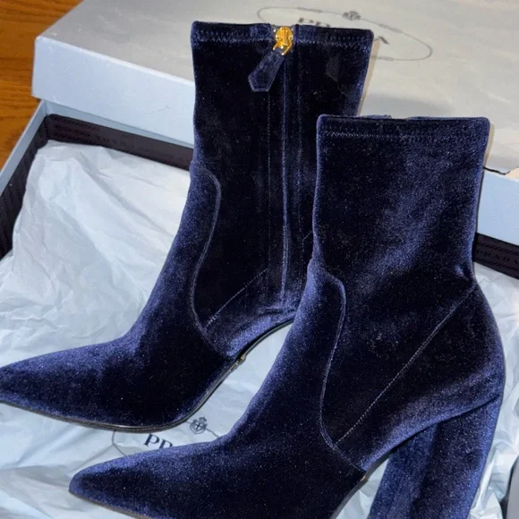 Prada Midnight Blue Velvet Heeled Boots - Picture 1 of 8